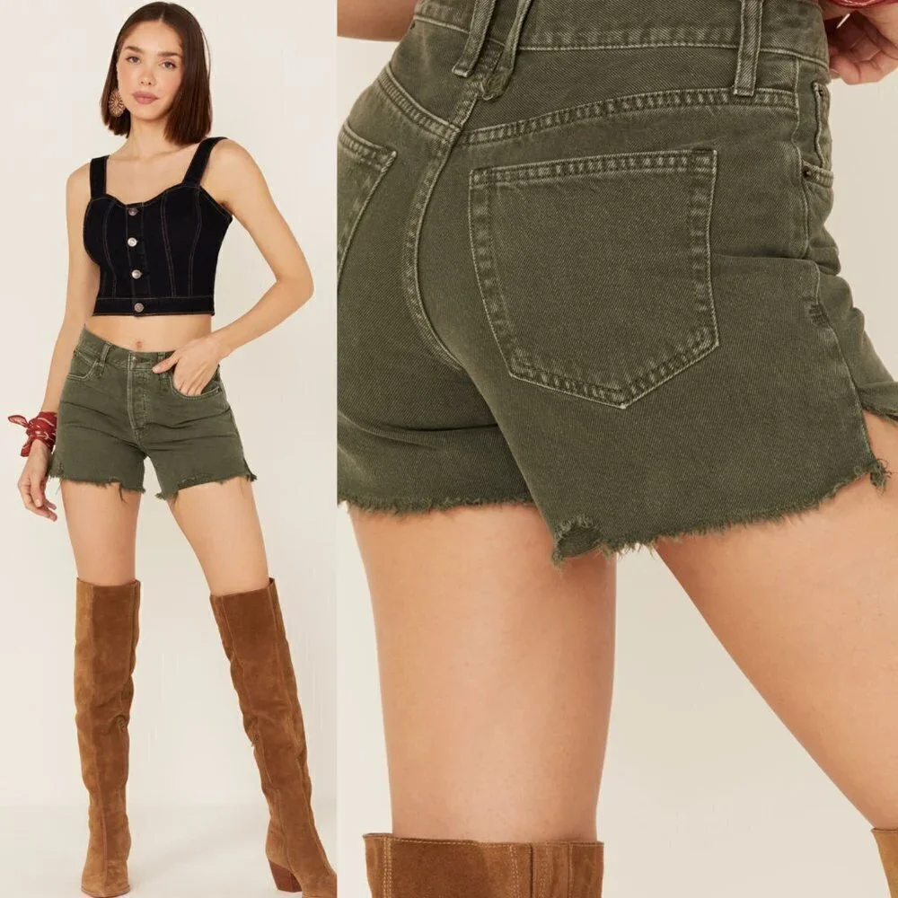 Free People Army Green Distressed Makai Cutoff Denim Shorts
